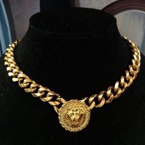 (rare) VTG ANNE KLEIN Lion’s Head Crystal Pendant Cuban Chain Gold Necklace